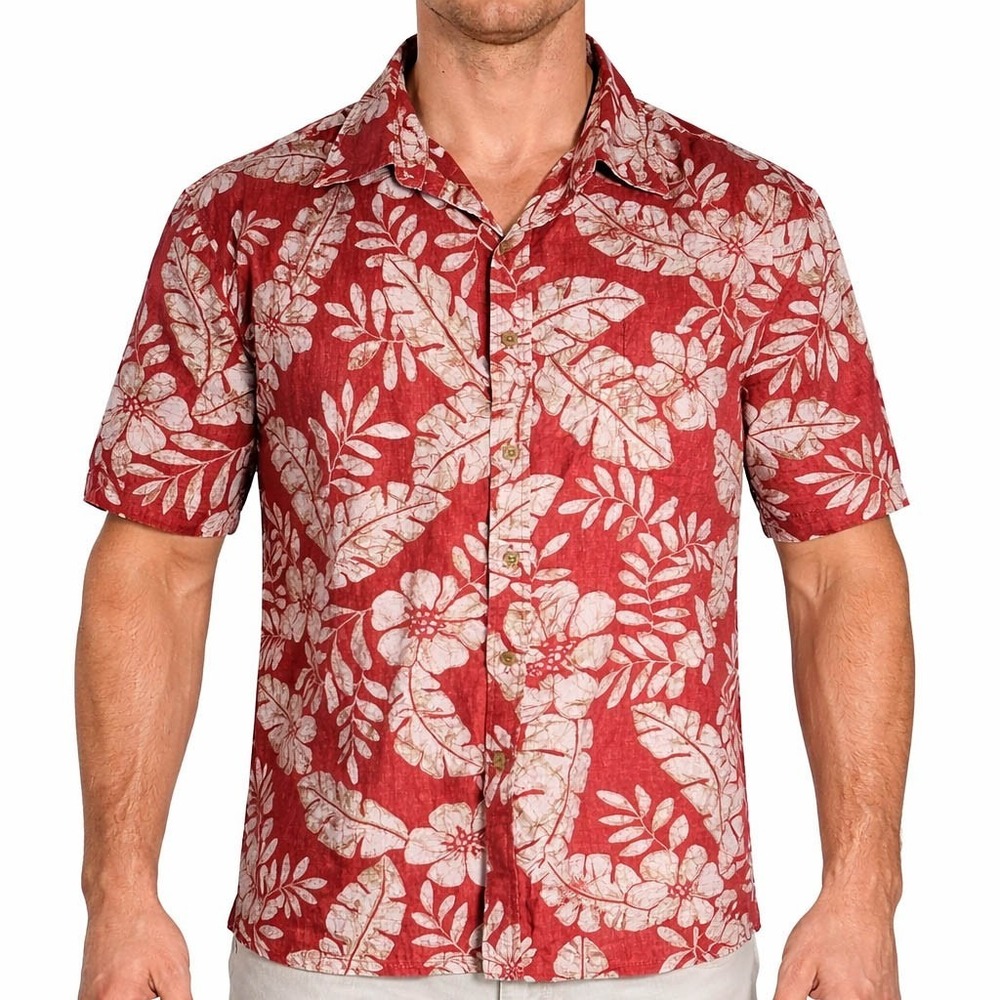Cooke Street Hawaiian Aloha Shirt 2XL Floral Leaf Vines Reverse‎ Print Red Tan